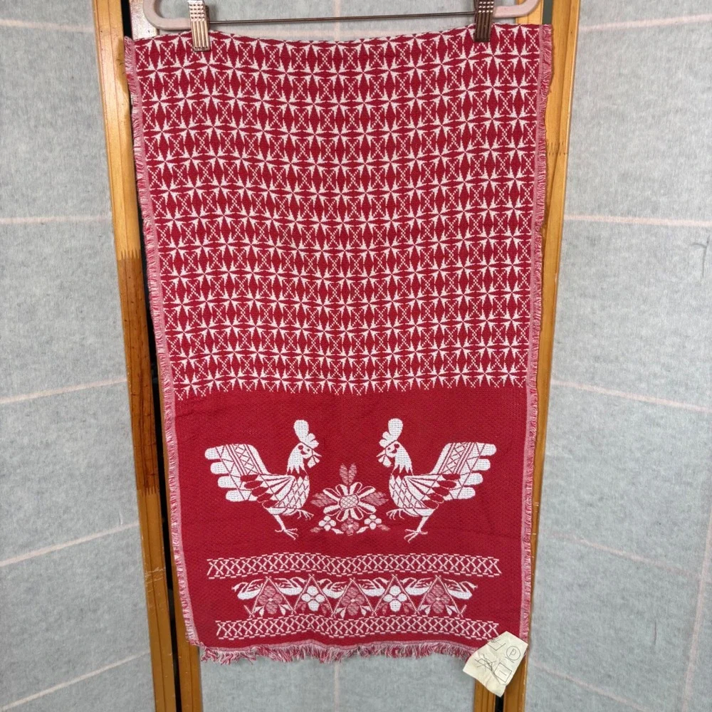 Vintage Rushnik Rostextile Uzor Rushnyk Red White Jacquard Woven Rooster Folk